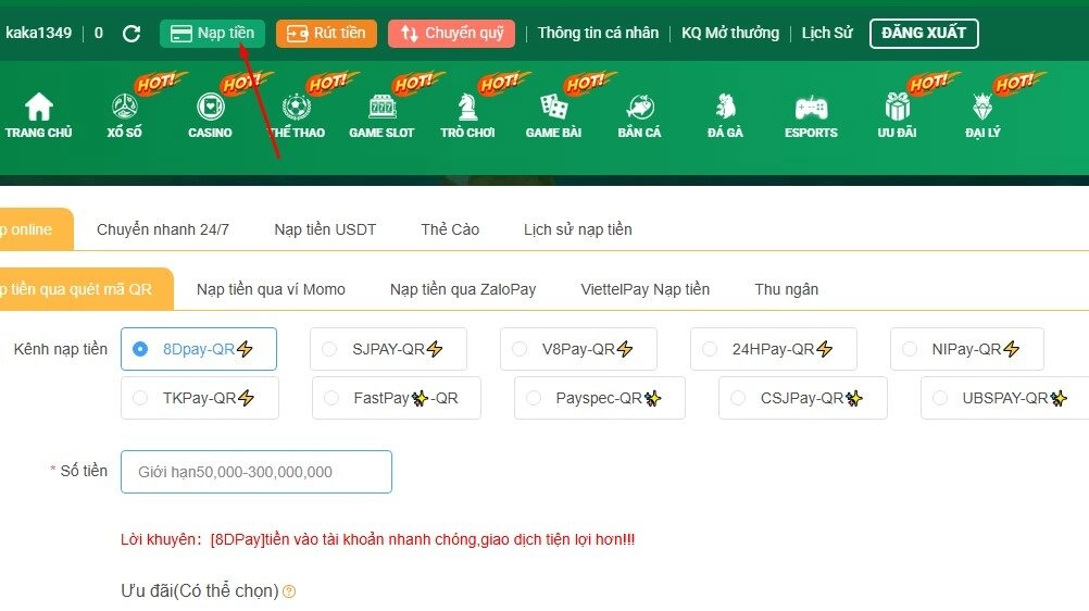 Chọn vào mục nạp tiền để tiến hành quá trình nạp tiền vào tài khoản tại TK88
